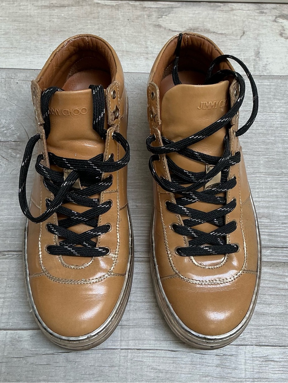 Jimmy Choo Tan Leather High-Top Sneakers with Black Laces